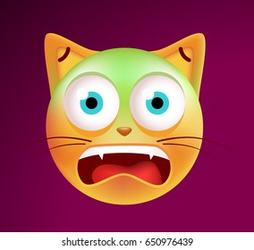 Cute Scared Emoticon Cat on Dark Background. Isolated Vector Illustration 