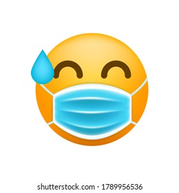 Cute Scared Emoticon with Face Mask on White Background. Isolated Vector Illustration 