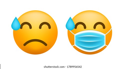 Cute Scared Emoticon with Face Mask on White Background. Isolated Vector Illustration 