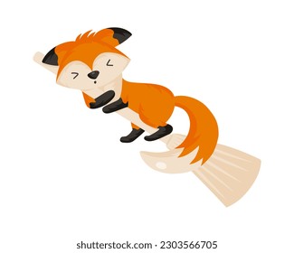 Cute and scared Halloween fox riding a witch broom