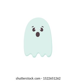 Cute scared Halloween Ghost icon. Blue color Cartoon character for Helloween holidays. Printable flat style. Traditional symbol of Halloween isolated on white. For seasonal cards. Vector Illustration