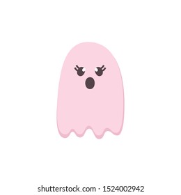 Cute scared Halloween Ghost icon. Pink color Cartoon character. Printable flat style. Traditional symbol of Halloween isolated on white. For seasonal cards, stickers, wallpaper. Vector Illustration