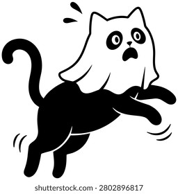 Cute scared kitten silhouette dressed as ghost with white sheet leaping through air isolated on white background.