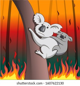 Cute scared koala with a baby koala trying to escape from the burning forest fires in Australia. Pray for Australia save the forest cartoon illustration.