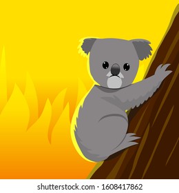 Cute scared koala trying to escape from the burning forest fires in Australia. Pray for Australia. save the forest cartoon illustration.