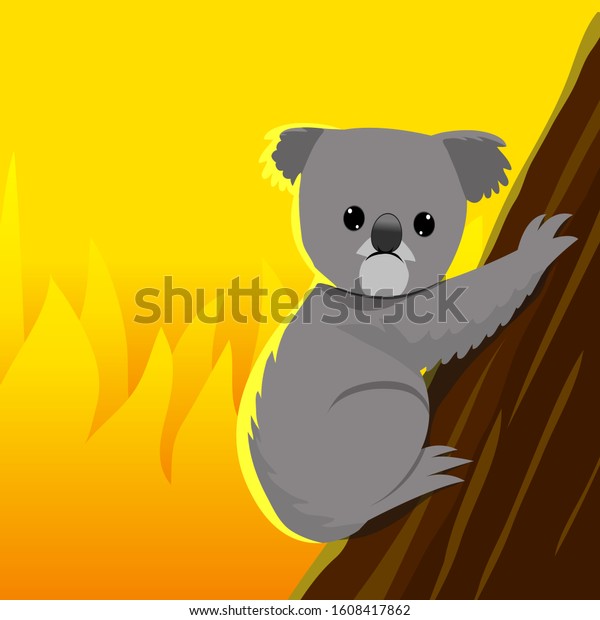 オーストラリアで燃え盛る森林火災から逃げようとして かわいい怖いコアラ オーストラリアに祈りなさい 森の漫画のイラストを保存します のベクター画像素材 ロイヤリティフリー