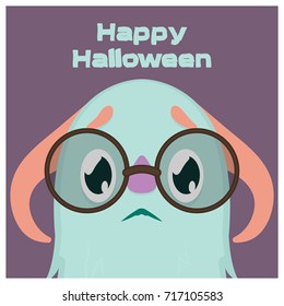 Cute scared little monster with glasses Halloween greeting