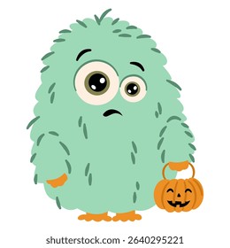 Cute scared monster holding pumpkins for halloween day. Flat vector illustration in simple childish style, white background 