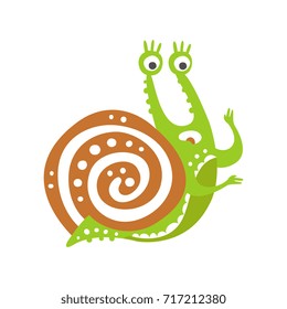 Cute scared snail character, funny mollusk colorful hand drawn vector Illustration