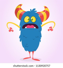 Cute scared or surprised cartoon bigfoot monster. Vector illustration of funny blue monster character for Halloween