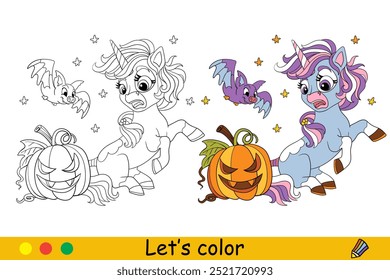 Unicórnio, morcego e abóbora com muito medo. Conceito de Halloween. Crianças colorindo com amostra de cor. Ilustração vetorial isolada sobre fundo branco. Para colorir livro, educação, impressão, jogo, quebra-cabeça, design