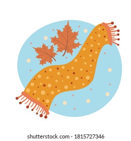Cute scarf and leaves in flat style. Cozy autumn season icon. Vector illustration for print, banner, poster.