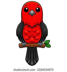 Cute scarlet tanager bird cartoon on tree branch