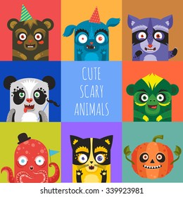 Cute scary animals vector icons set.