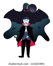 Cute scary character vampire. Evil vampire. Modern flat cartoons vector illustration icons. Isolated on white. Dracula vampire. Happy Halloween poster. Halloween flyer with bats and red moon. Dracula