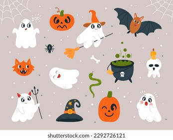 Cute scary characters, ghosts, pumpkins and cat face. Halloween kids horror ghost. Spooky cartoon bat and spider web, classy vector clipart