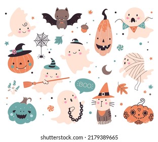 Cute scary characters. Kids horror halloween ghost, mystery decoration clipart. Spooky pumpkin, cat in with hat and garlands. Boo ghosts nowaday vector set