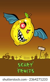 Cute scary fruit collection as Halloween monsters. Lemon character for your food  and halloween design. Healthy food concept. Vegan, vegetarian and diet, sport food. Smoothies and juices, jams.