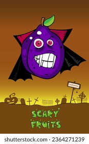 Cute scary fruit collection as Halloween monsters. Plum character for your food  and halloween design. Healthy food concept. Vegan, vegetarian and diet, sport food. Smoothies and juices, jams.
