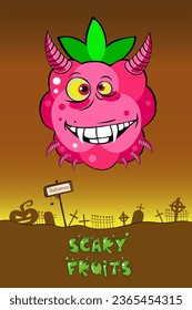 Cute scary fruit collection as Halloween monsters. Raspberry character for your food  and halloween design. Healthy food concept. Vegan, vegetarian and diet, sport food. Smoothies and juices, jams.