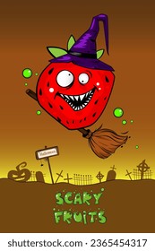 Cute scary fruit collection as Halloween monsters. Strawberry character for your food  and halloween design. Healthy food concept. Vegan, vegetarian and diet, sport food. Smoothies and juices, jams.