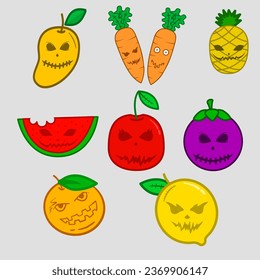 Cute scary fruit collection as Halloween monsters. for your food and halloween design. Fruit food concept