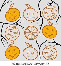 Cute scary fruit collection as Halloween monsters. for your food and halloween design. Fruit food concept