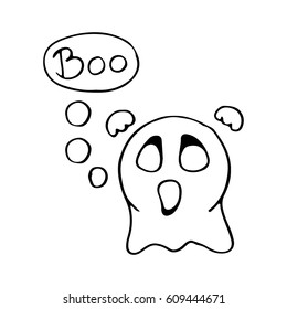 Cute scary ghost emoticon say BOO. Emoji, smiley - vector sign illustration
