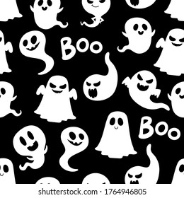 Cute and scary ghost seamless pattern. Halloween holidays cartoon character background. -Vector