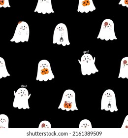 Cute and scary ghost seamless pattern. Halloween holidays cartoon character background. -Vector