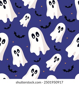 Cute and scary ghosts pattern on purple isolated background. Vector mystical ghosts in halloween night style. For halloween decor, prints, wrapping paper.