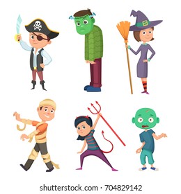 Cute and scary halloween cartoon costume for kids. Zombie, pirate, devil and others