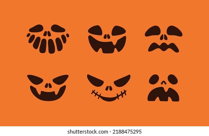 Cute scary Halloween faces for jack pumpkin stencils. Helloween holiday characters set. Spooky creepy evil lantern heads, silhouettes with angry, happy emotions. Isolated flat vector illustrations.