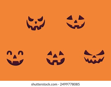 Cute scary Halloween faces for jack pumpkin stencils. Helloween holiday characters set. Spooky creepy evil lantern heads, silhouettes with angry, happy emotions. Isolated flat vector illustrations.