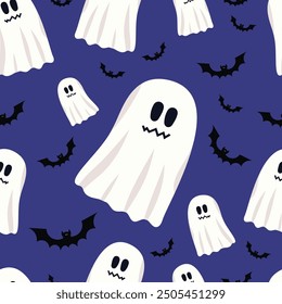 Cute and scary halloween ghost with bats pattern on purple background. Vector ghosts and bats are symbols of Halloween holiday. For prints, seasonal decor, wallpaper.