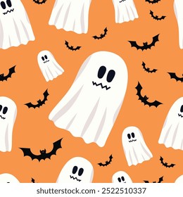 Fantasmas e morcegos de halloween bonito e assustador no fundo laranja. Fantasmas vetoriais no conceito tradicional da noite de Halloween. Para a decoração infantil do halloween, impressões, personagens de desenhos animados.