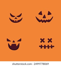 Personajes de calabaza de Halloween jack de miedo lindo con diferentes expresiones faciales. Plantillas de cabeza de linterna divertidas espeluznantes, siluetas establecidas para las vacaciones de Helloween. Ilustraciones vectoriales planas aisladas.