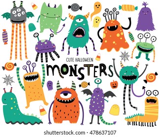 Cute Scary Halloween Monsters and Candy