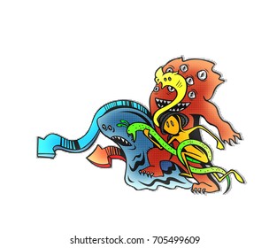 Cute Scary Halloween Monsters, Hand Drawn Sketch Vector illustration.