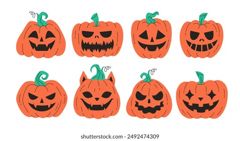 Cute and scary Halloween pumpkins, Jack o'lantern. Happy Halloween, trick or treat. Vector illustration in flat style