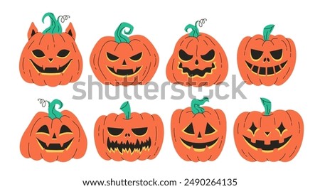 Cute and scary Halloween pumpkins, Jack o'lantern. Happy Halloween, trick or treat. Vector illustration in flat style