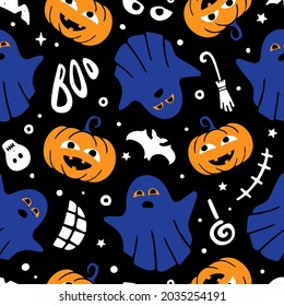 Cute and scary Halloween seamless pattern. Pumpkins, ghosts, teeth, eyes, brooms, skulls, lollipops and bats in cartoon style on a black background. Set of vector flat hand drawn holiday symbols