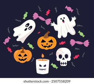 Lindo y aterrador conjunto de halloween con fantasmas, calabazas, cráneos sobre fondo negro aislado. Símbolos tradicionales de halloween en estilo de dibujos animados de Vector. Para decoración navideña, personajes de dibujos animados, postales.