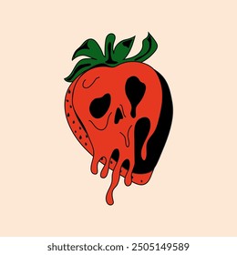 Cute, scary Halloween strawberry cartoon characters, drawn in a hand drawn sticker style.