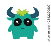 Cute Scary Horned Green Monster Mascot Cartoon Character with Happy Expression