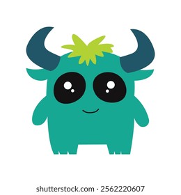 Cute Scary Horned Green Monster Mascot Cartoon Character with Happy Expression