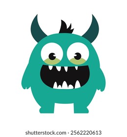 Cute Scary Horned Green Monster Mascot Cartoon Character with Happy Expression