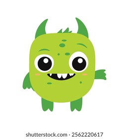 Cute Scary Horned Green Monster Mascot Cartoon Character with Happy Expression