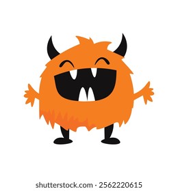 Cute Scary Horned Orange Monster Mascot Cartoon Character with Happy Expression