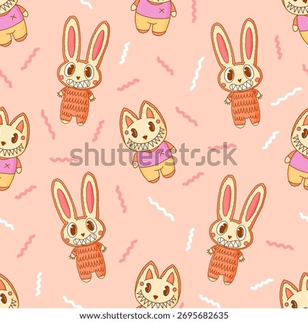 Cute and scary Monster Characters seamless patterns Rabbit with claws. Funny mascot kawaii beasts in hand drawn modern style. 